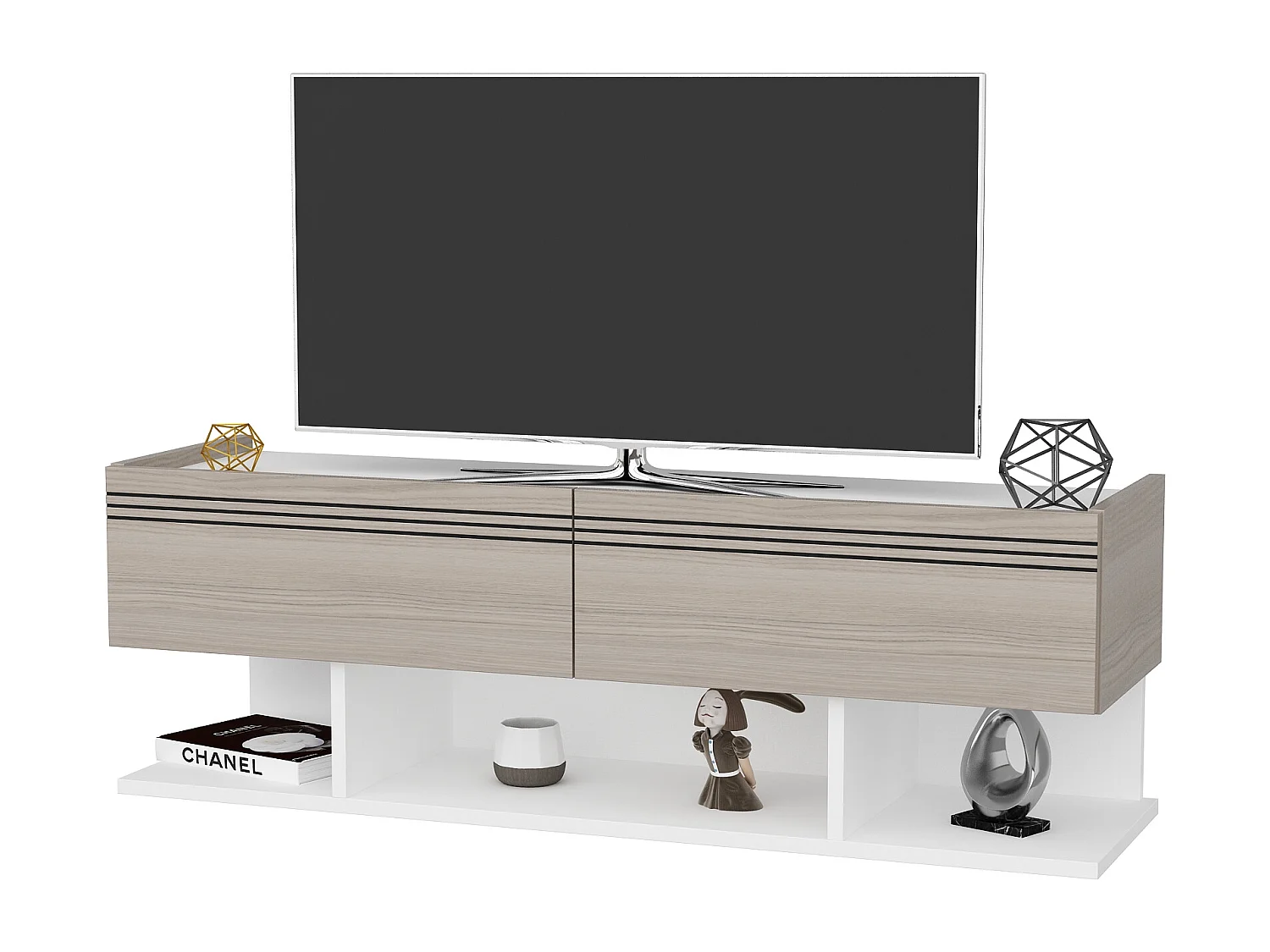 Meuble TV Kase de 120 cm - Armoires abattants (Blanc et Cordoba)