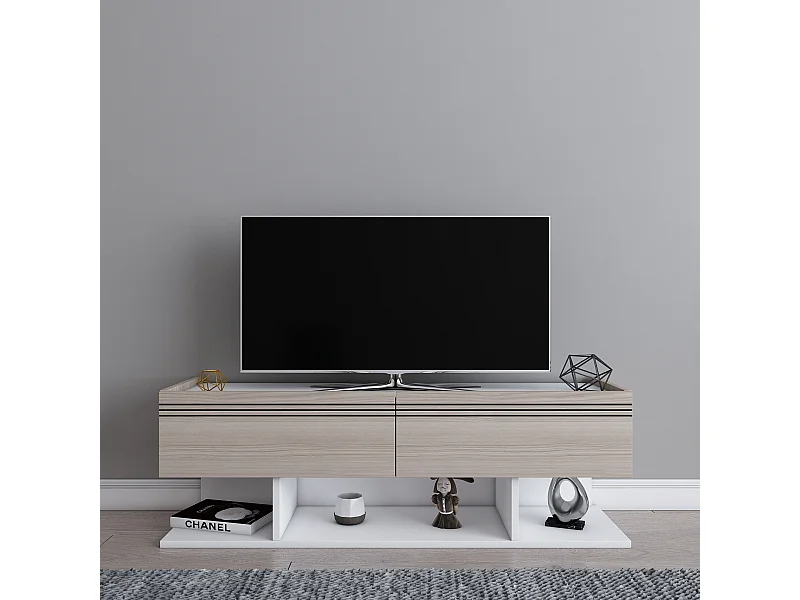 Meuble TV Kase de 120 cm - Armoires abattants (Blanc et Cordoba)