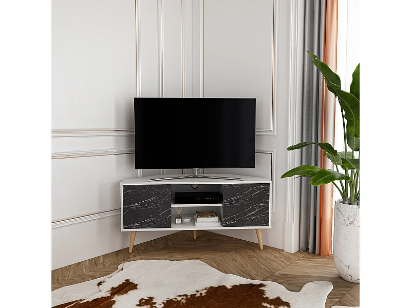 Meuble TV d'angle Lesson 120 cm 2 armoires et étagères ouvertes (Blanc et Effet marbre noir)