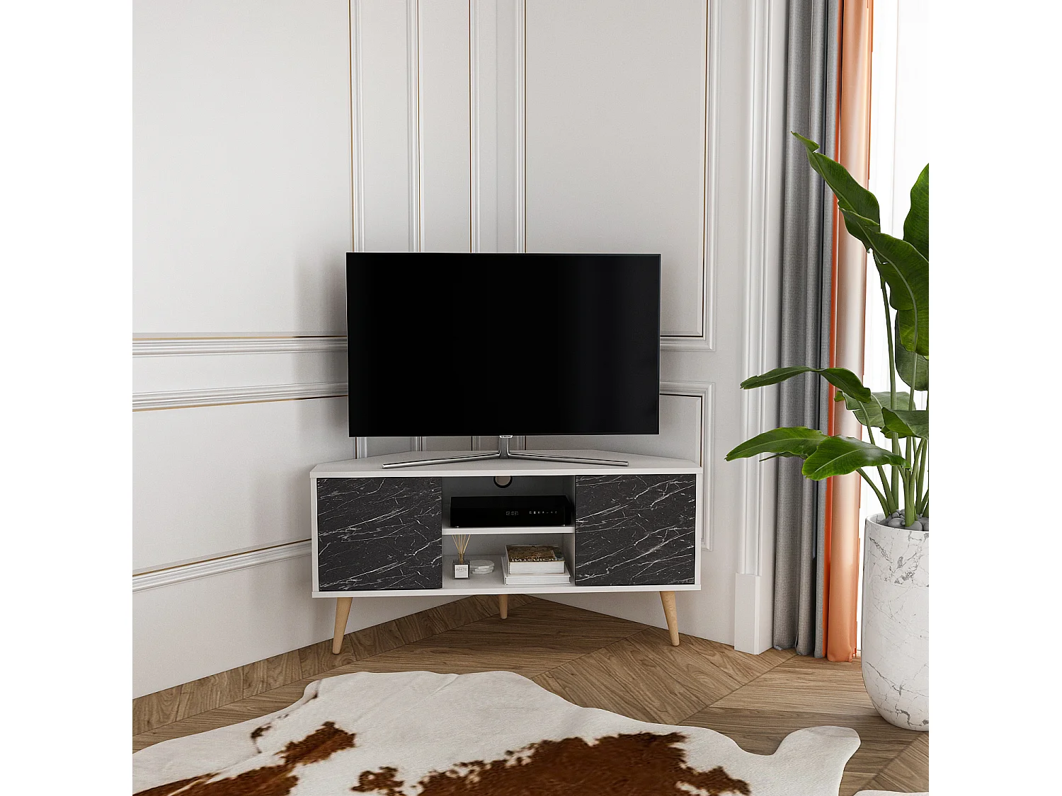 Meuble TV d'angle Lesson 120 cm 2 armoires et étagères ouvertes (Blanc et Effet marbre noir)