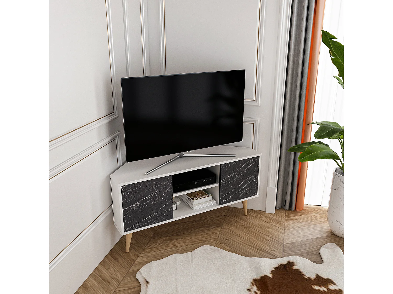 Meuble TV d'angle Lesson 120 cm 2 armoires et étagères ouvertes (Blanc et Effet marbre noir)