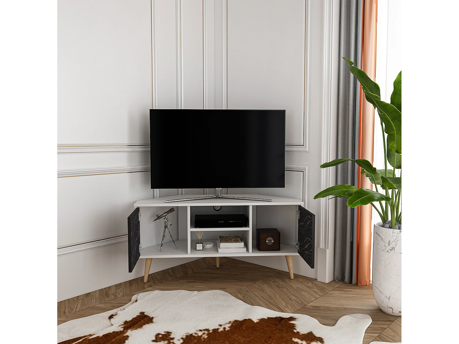 Meuble TV d'angle Lesson 120 cm 2 armoires et étagères ouvertes (Blanc et Effet marbre noir)