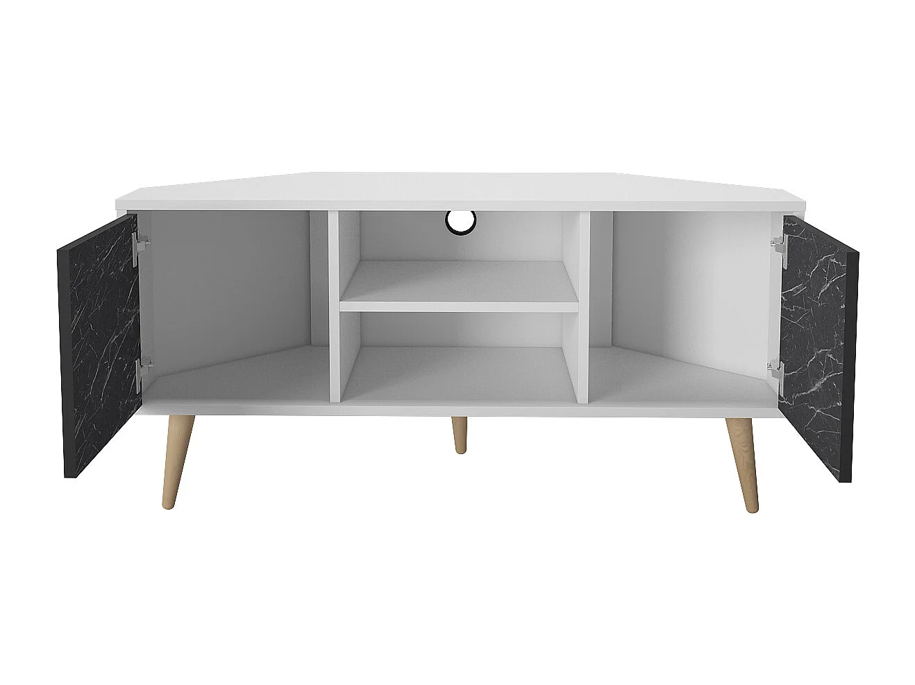 Meuble TV d'angle Lesson 120 cm 2 armoires et étagères ouvertes (Blanc et Effet marbre noir)