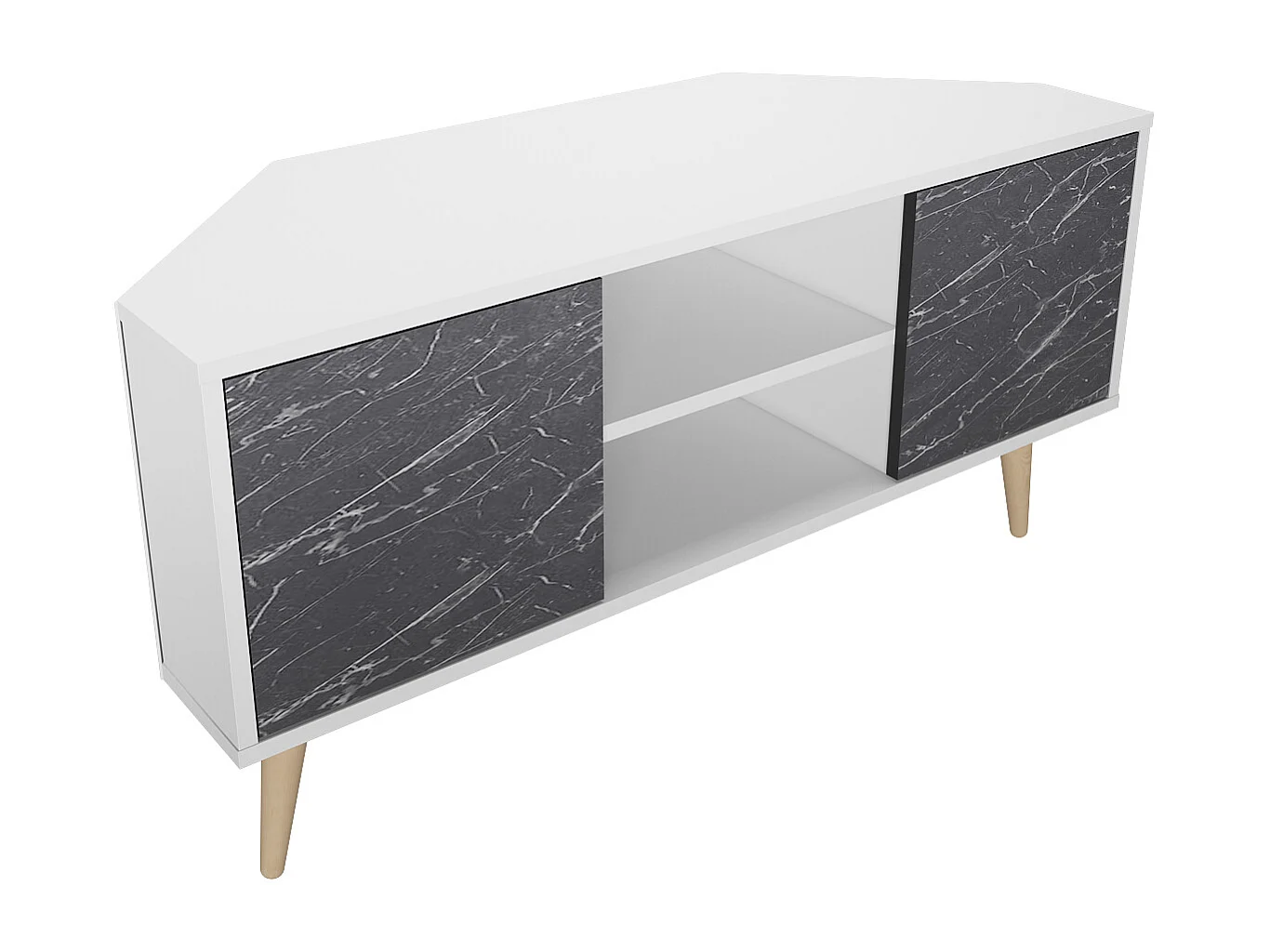 Meuble TV d'angle Lesson 120 cm 2 armoires et étagères ouvertes (Blanc et Effet marbre noir)