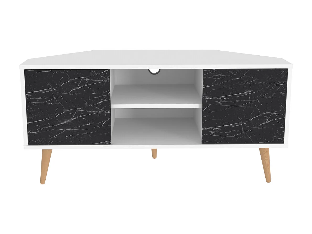 Meuble TV d'angle Lesson 120 cm 2 armoires et étagères ouvertes (Blanc et Effet marbre noir)