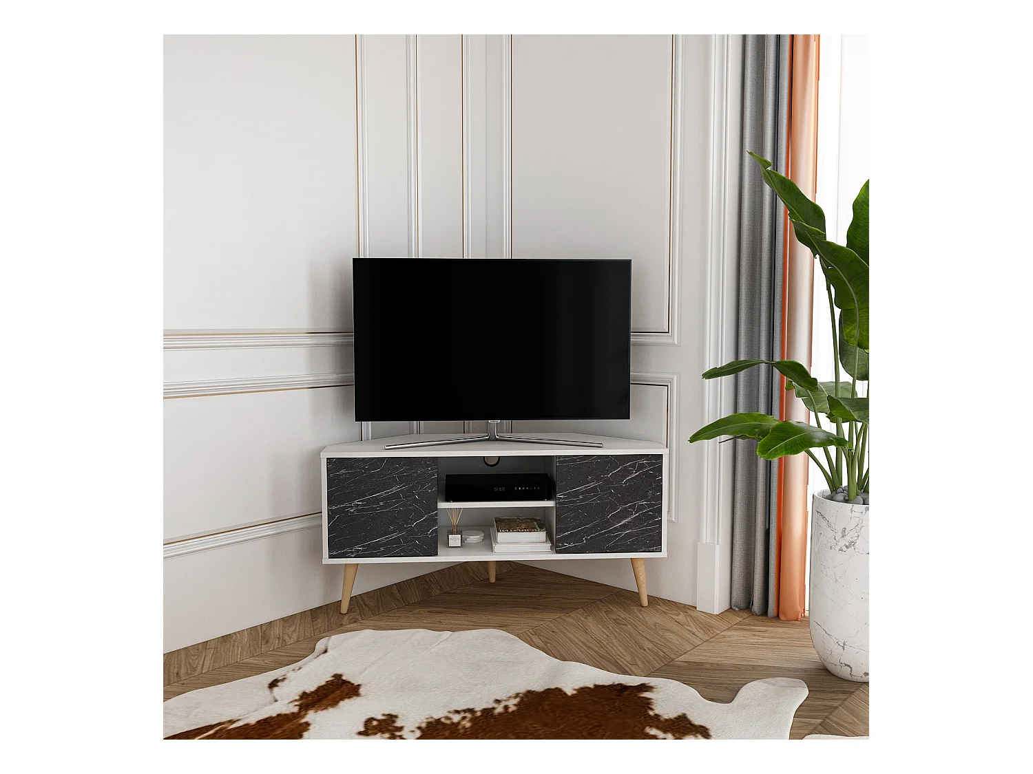 Meuble TV d'angle Lesson 120 cm 2 armoires et étagères ouvertes (Blanc et Effet marbre noir)