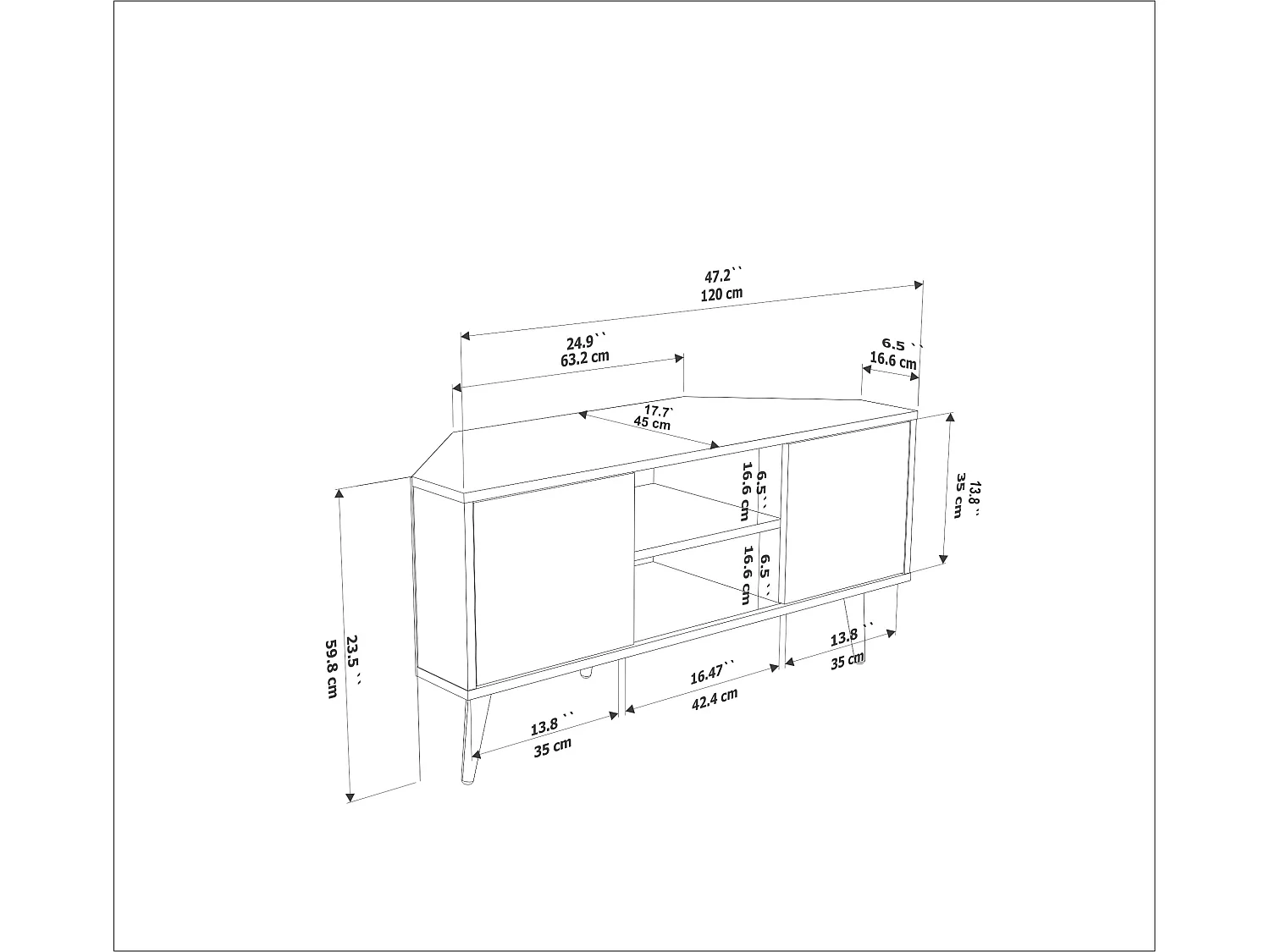 Meuble TV d'angle Lesson 120 cm 2 armoires et étagères ouvertes (Blanc et Effet marbre noir)