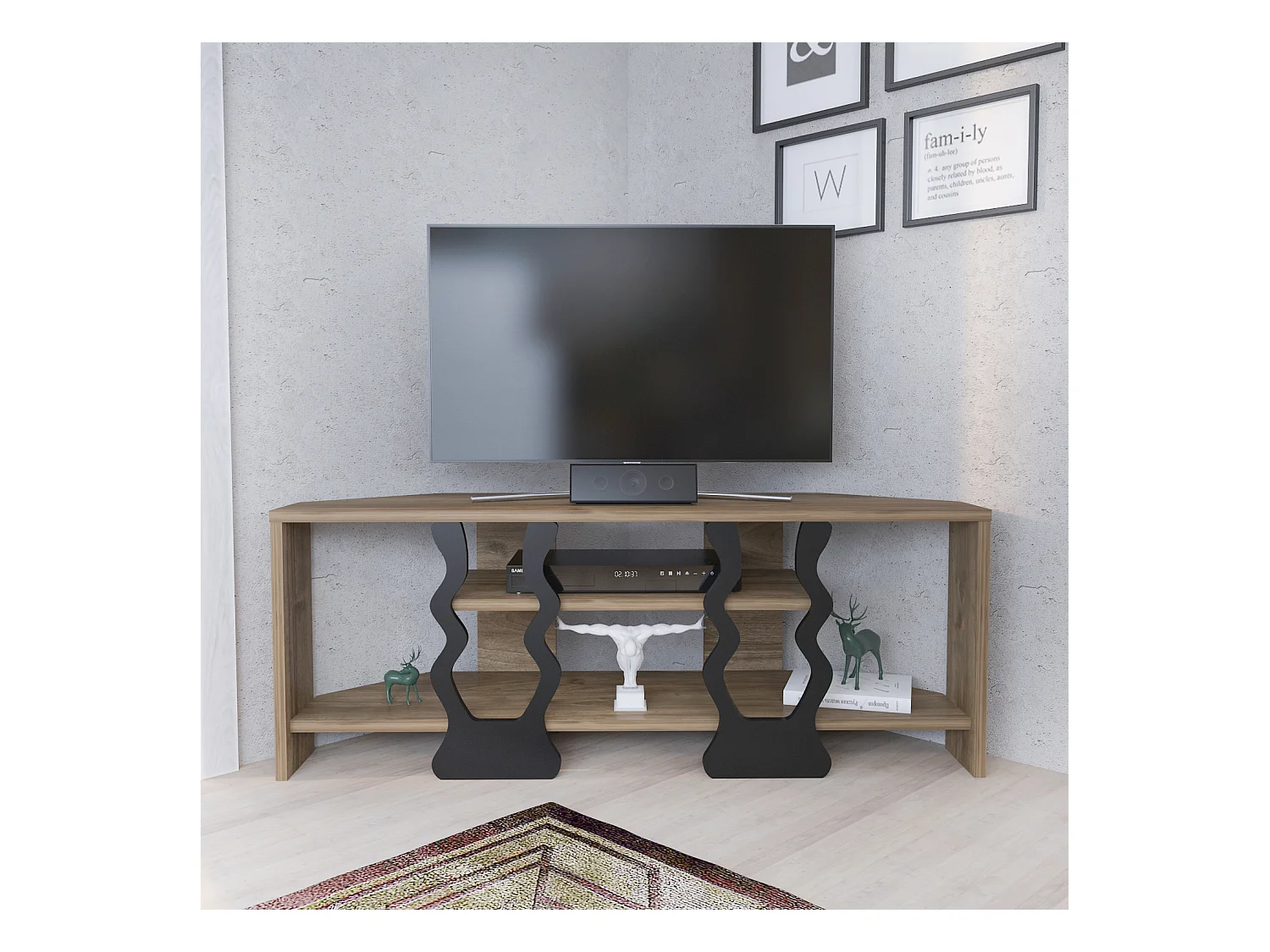Meuble TV d'angle Firal 110 cm avec niches, decoratif, modern  (Noyer et Noir)