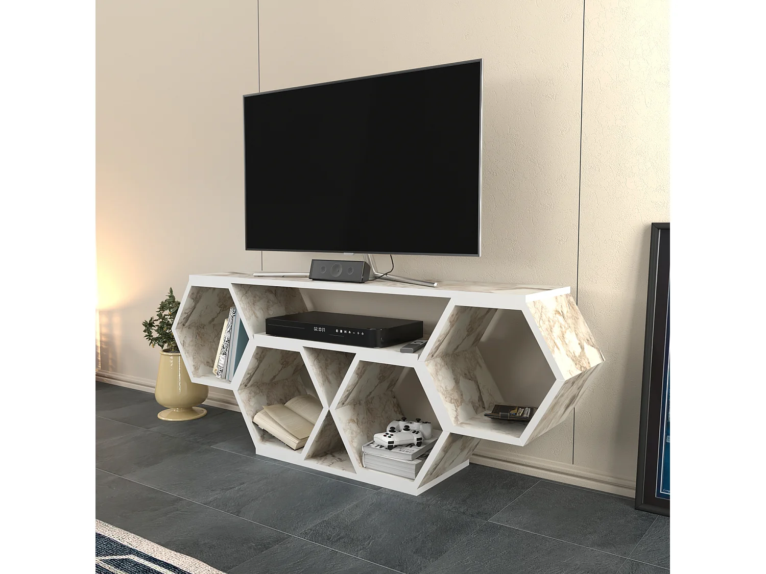 Meuble TV Bal compliments en forme de nid d'abeille, reversible (Effet marbre blanc)