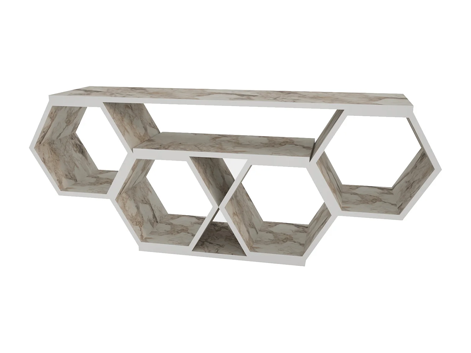 Meuble TV Bal compliments en forme de nid d'abeille, reversible (Effet marbre blanc)