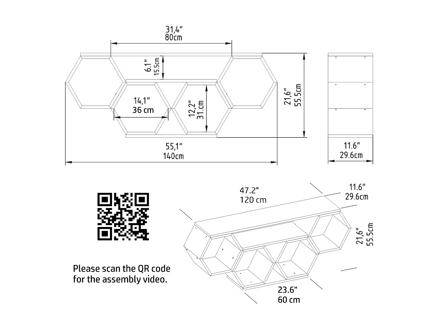 Meuble TV Bal compliments en forme de nid d'abeille, reversible (Effet marbre blanc)