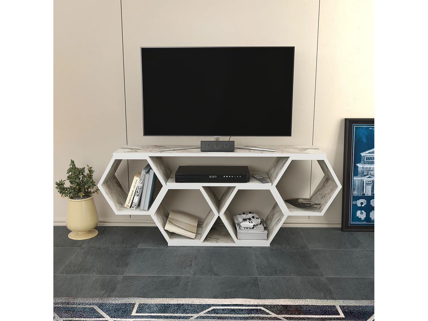 Meuble TV Bal compliments en forme de nid d'abeille, reversible (Effet marbre blanc)
