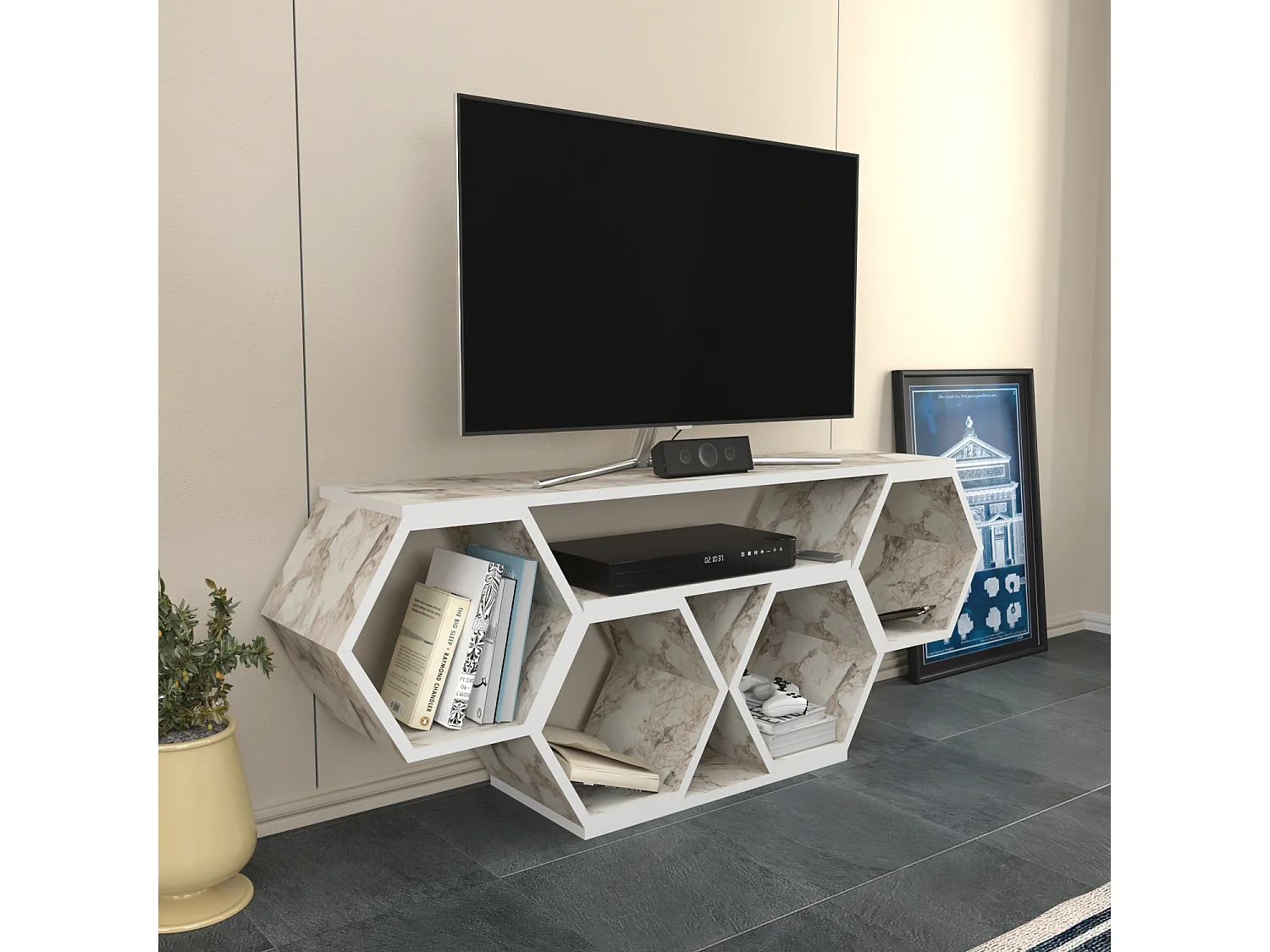 Meuble TV Bal compliments en forme de nid d'abeille, reversible (Effet marbre blanc)