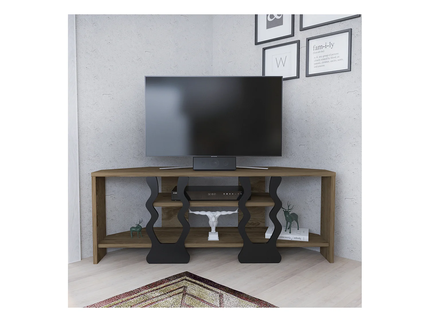 Meuble TV d'angle Firal 110 cm avec niches, decoratif, modern (Oud et Noir)