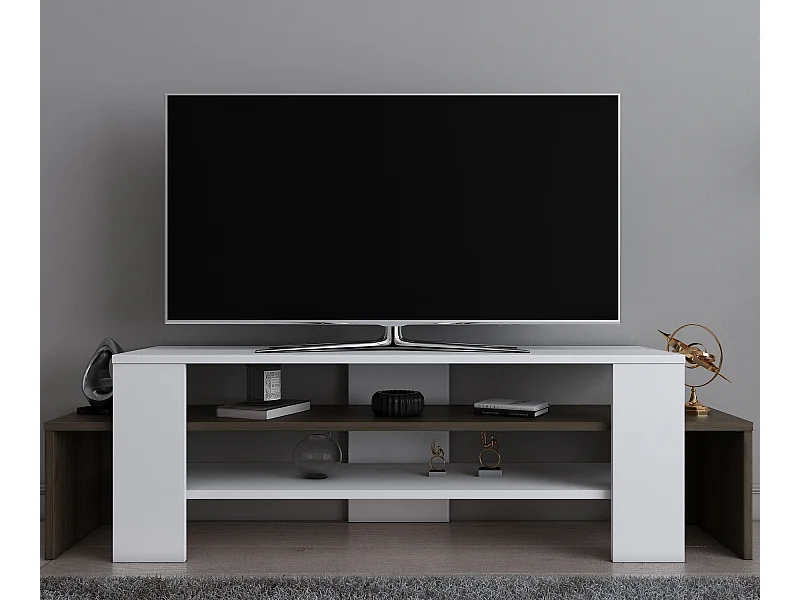 Meuble TV de 120 cm Lenora avec des étagères ouvertes (Blanc et noyer)