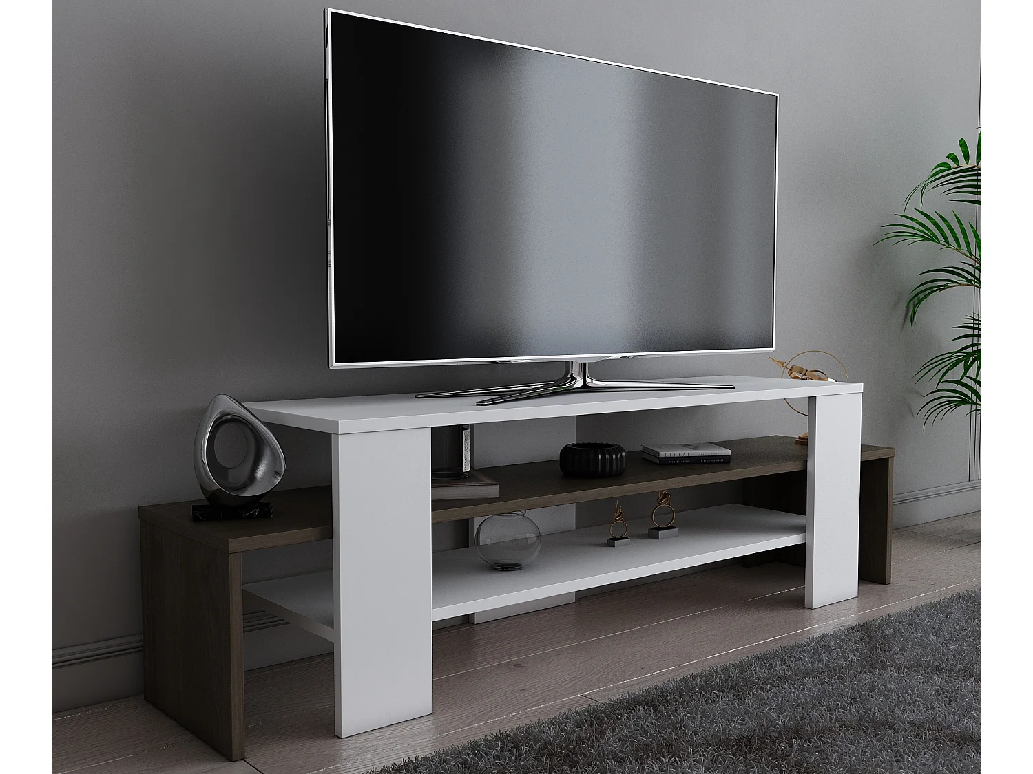 Meuble TV de 120 cm Lenora avec des étagères ouvertes (Blanc et noyer)