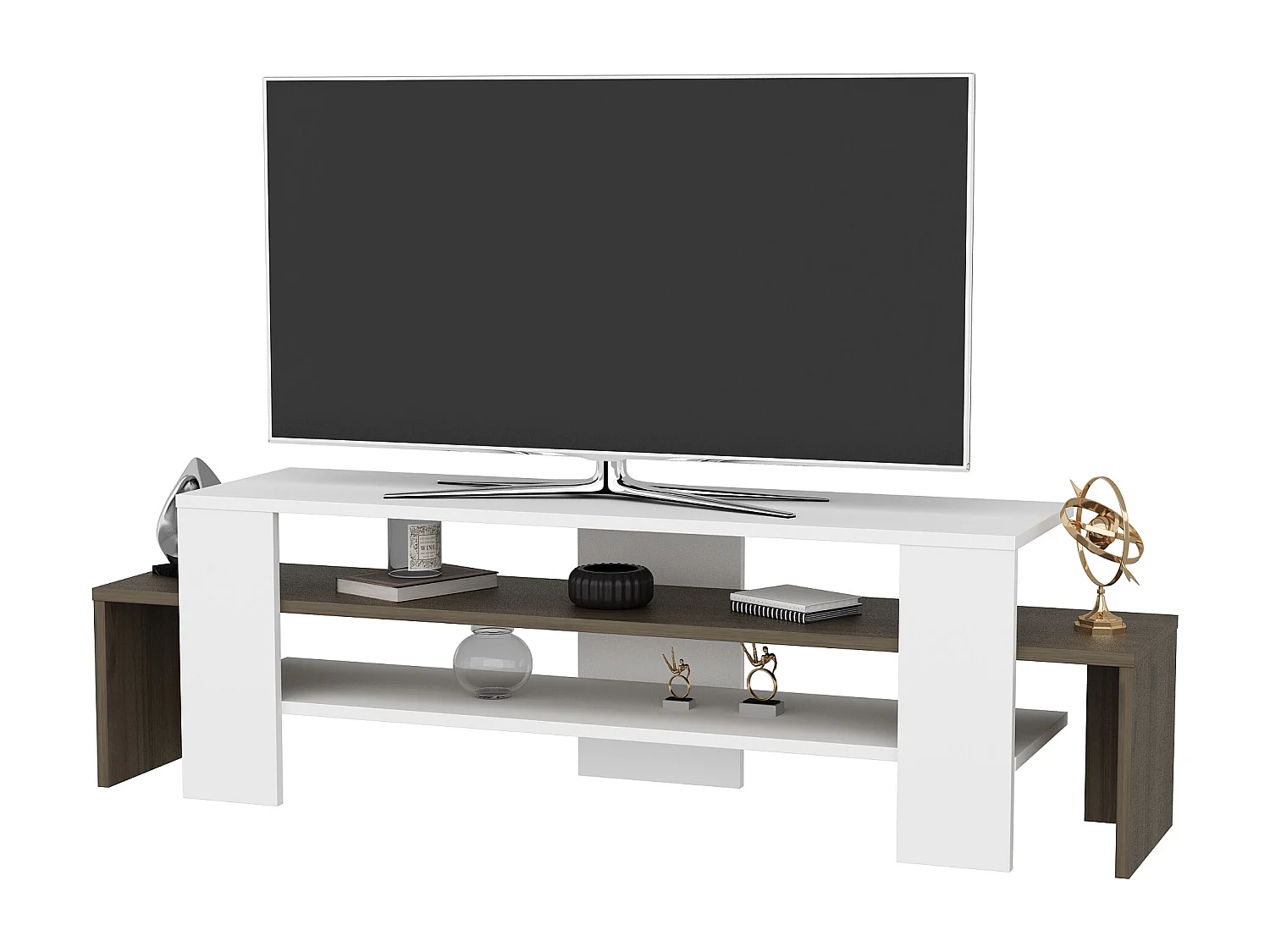 Meuble TV de 120 cm Lenora avec des étagères ouvertes (Blanc et noyer)