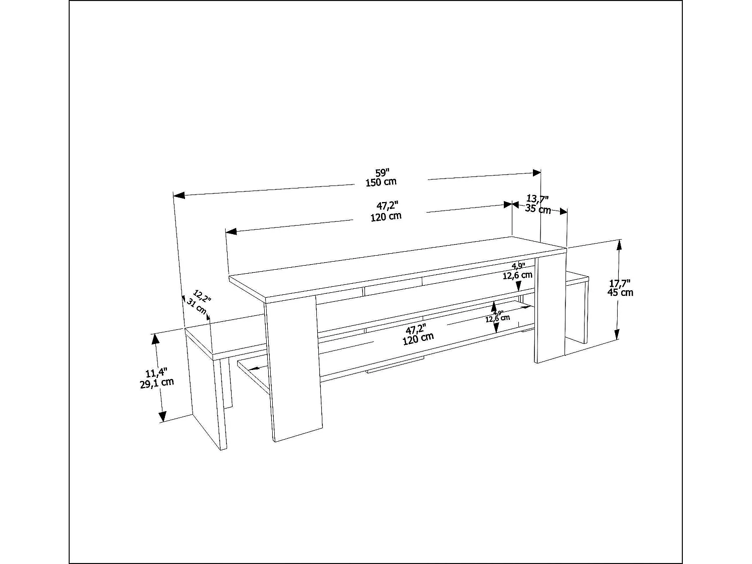 Meuble TV de 120 cm Lenora avec des étagères ouvertes (Blanc et noyer)