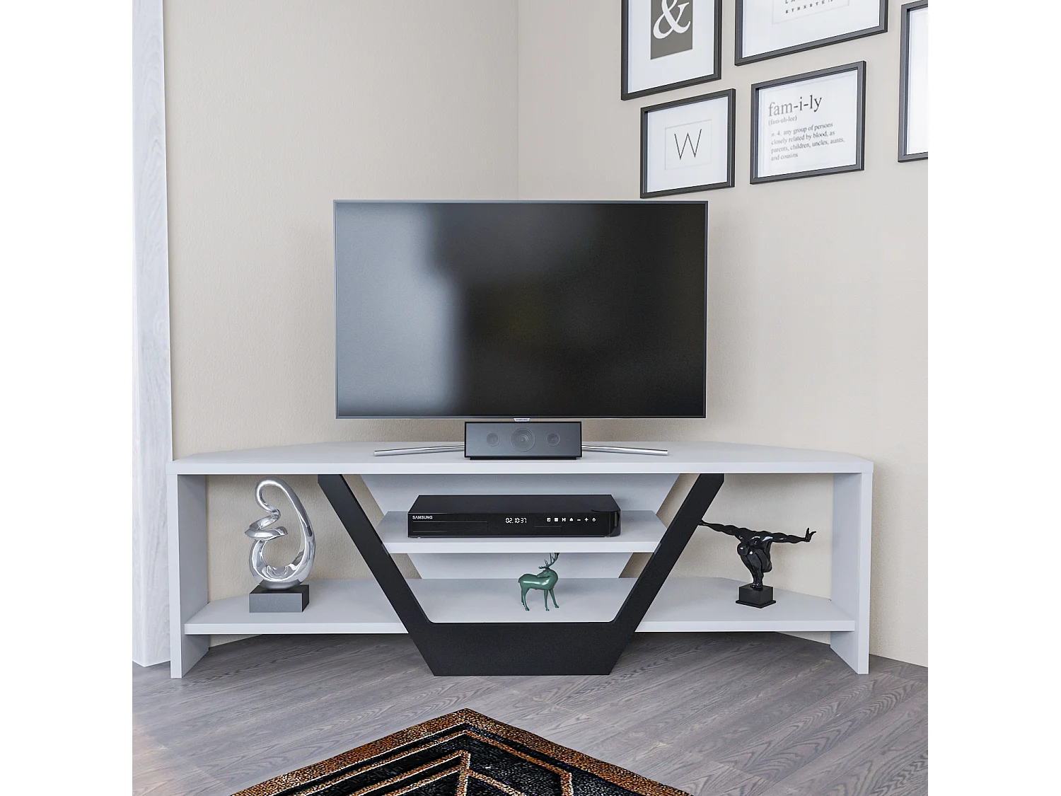 Meuble TV d'angle Sares en forme V - Etagères ouvertes (Blanc et Noir)