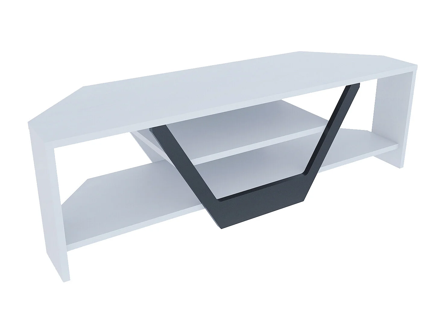 Meuble TV d'angle Sares en forme V - Etagères ouvertes (Blanc et Noir)