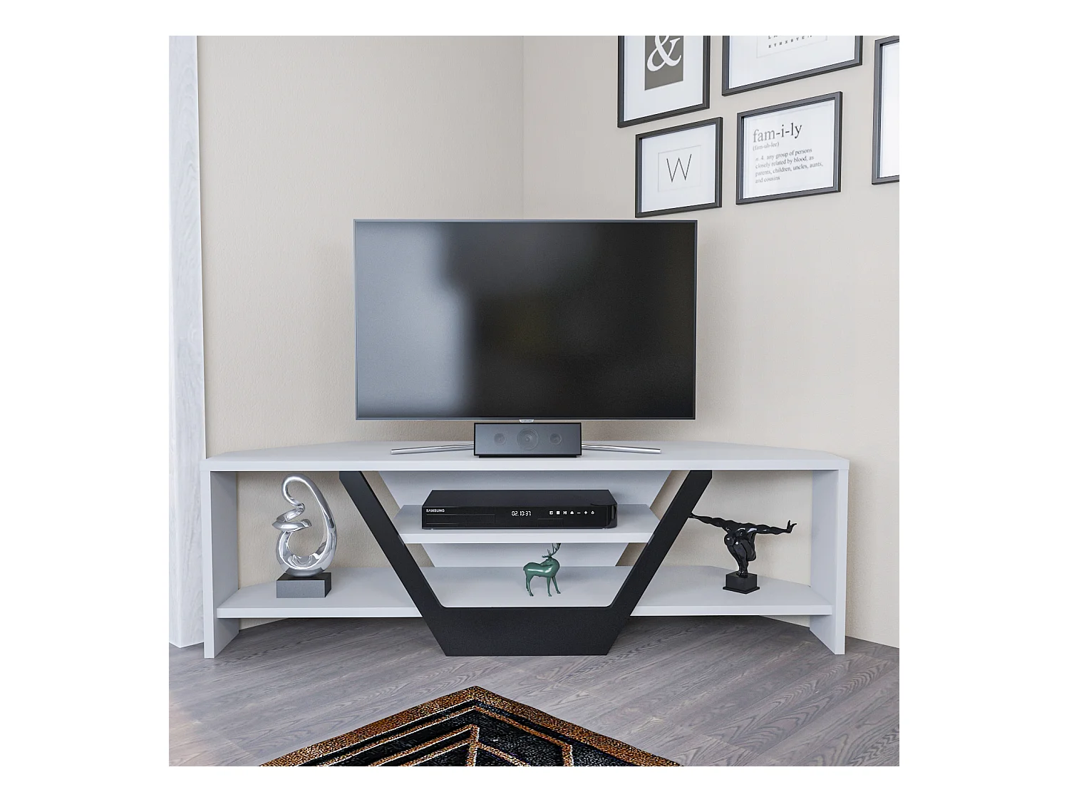 Meuble TV d'angle Sares en forme V - Etagères ouvertes (Blanc et Noir)
