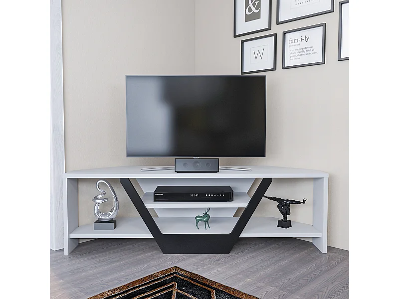 Meuble TV d'angle Sares en forme V - Etagères ouvertes (Blanc et Noir)