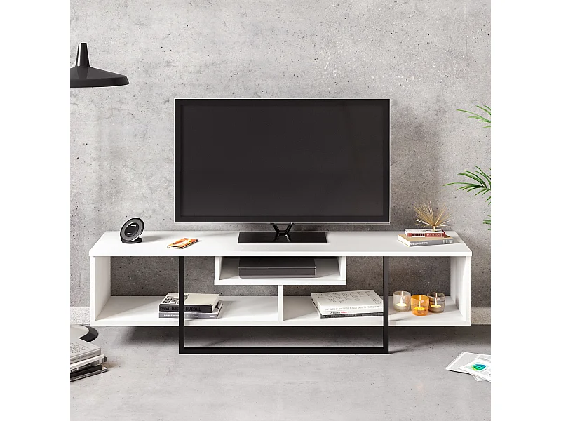 Meuble TV de 150 cm Asal, Cadre en métal, reversible (Blanc et noir)