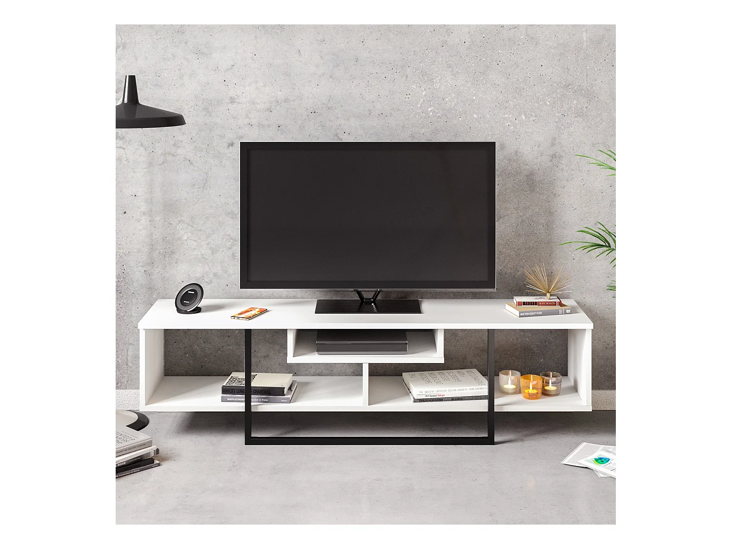 Meuble TV de 150 cm Asal, Cadre en métal, reversible (Blanc et noir)