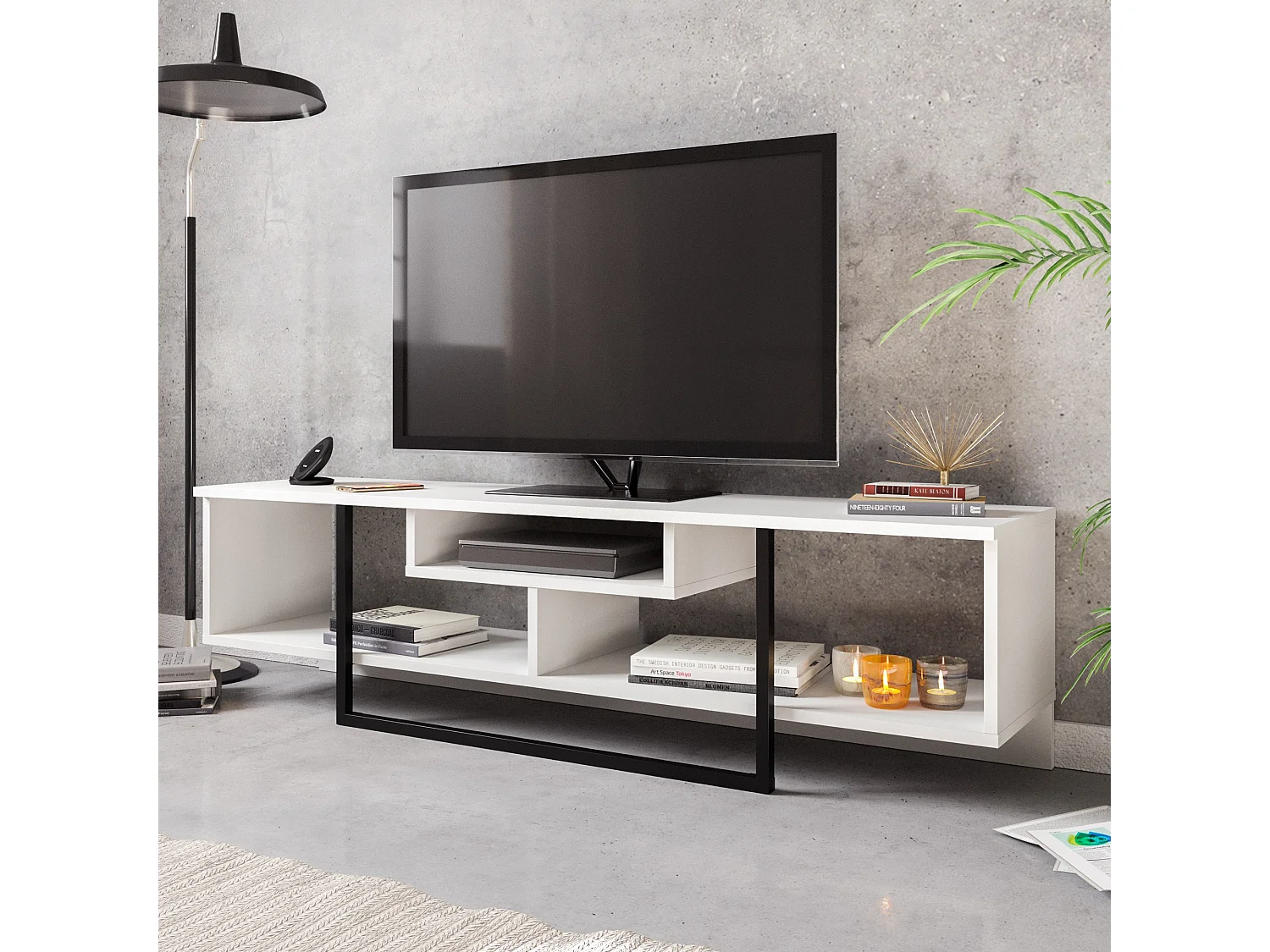 Meuble TV de 150 cm Asal, Cadre en métal, reversible (Blanc et noir)