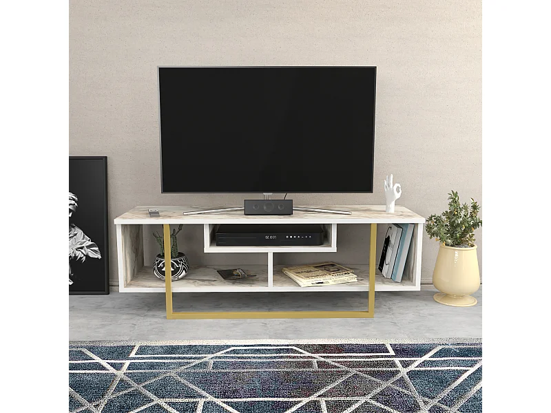 Meuble TV Asal de 120 cm avec le cadre en métal (Effet marbre blanc et Doré)