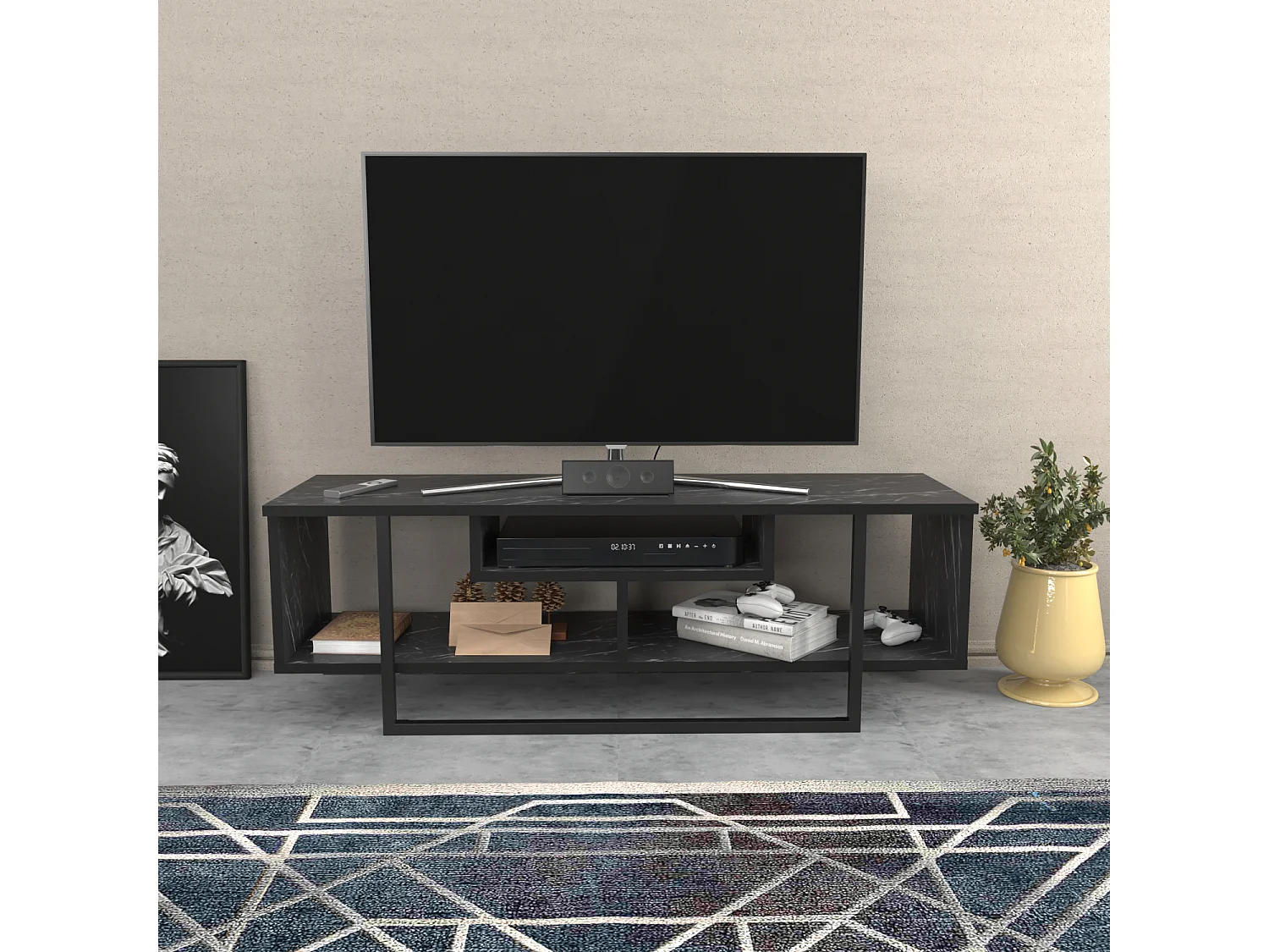 Meuble TV Asal de 120 cm avec le cadre en métal (Effet marbre blanc et Doré)