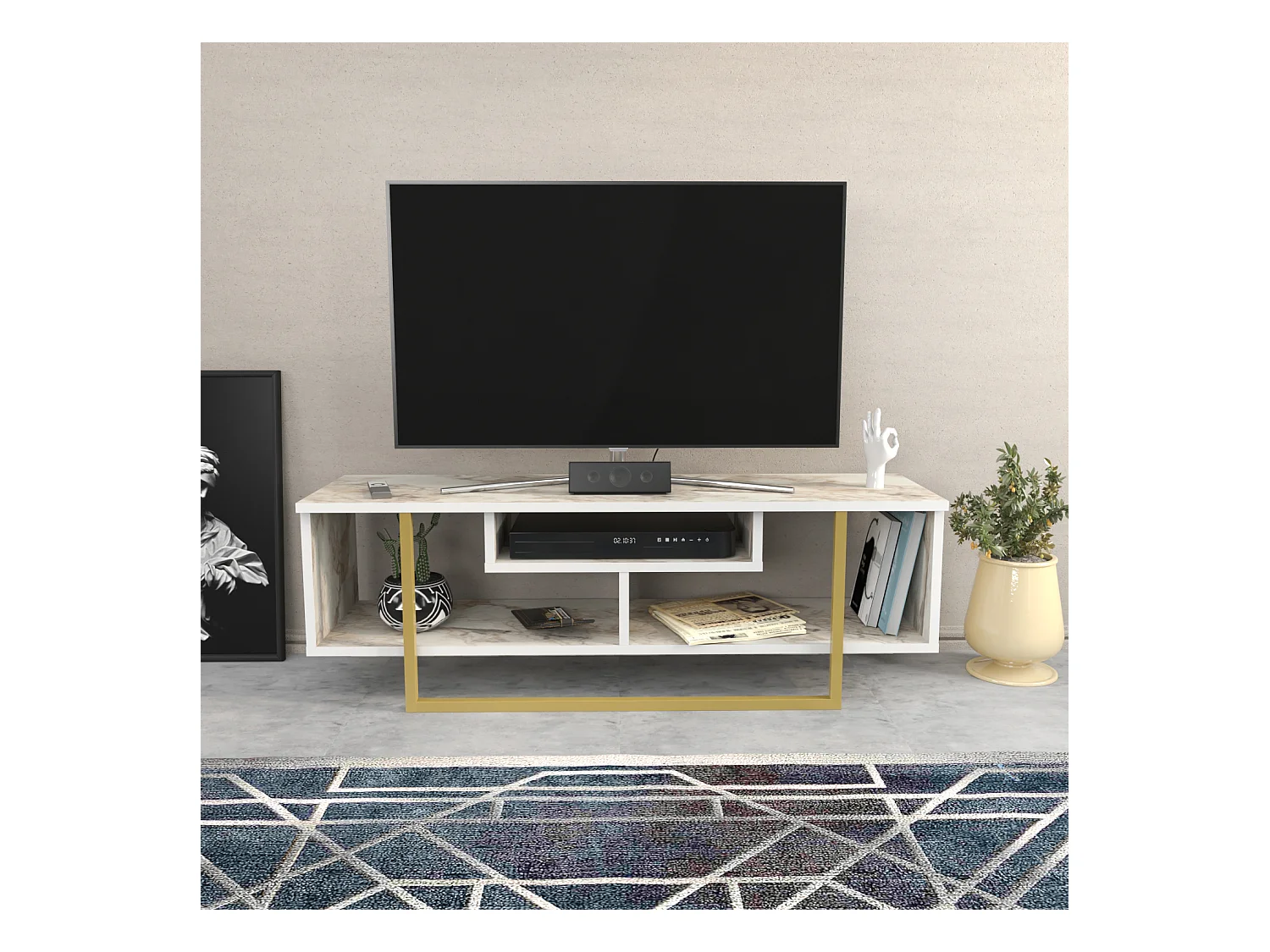 Meuble TV Asal de 120 cm avec le cadre en métal (Effet marbre blanc et Doré)