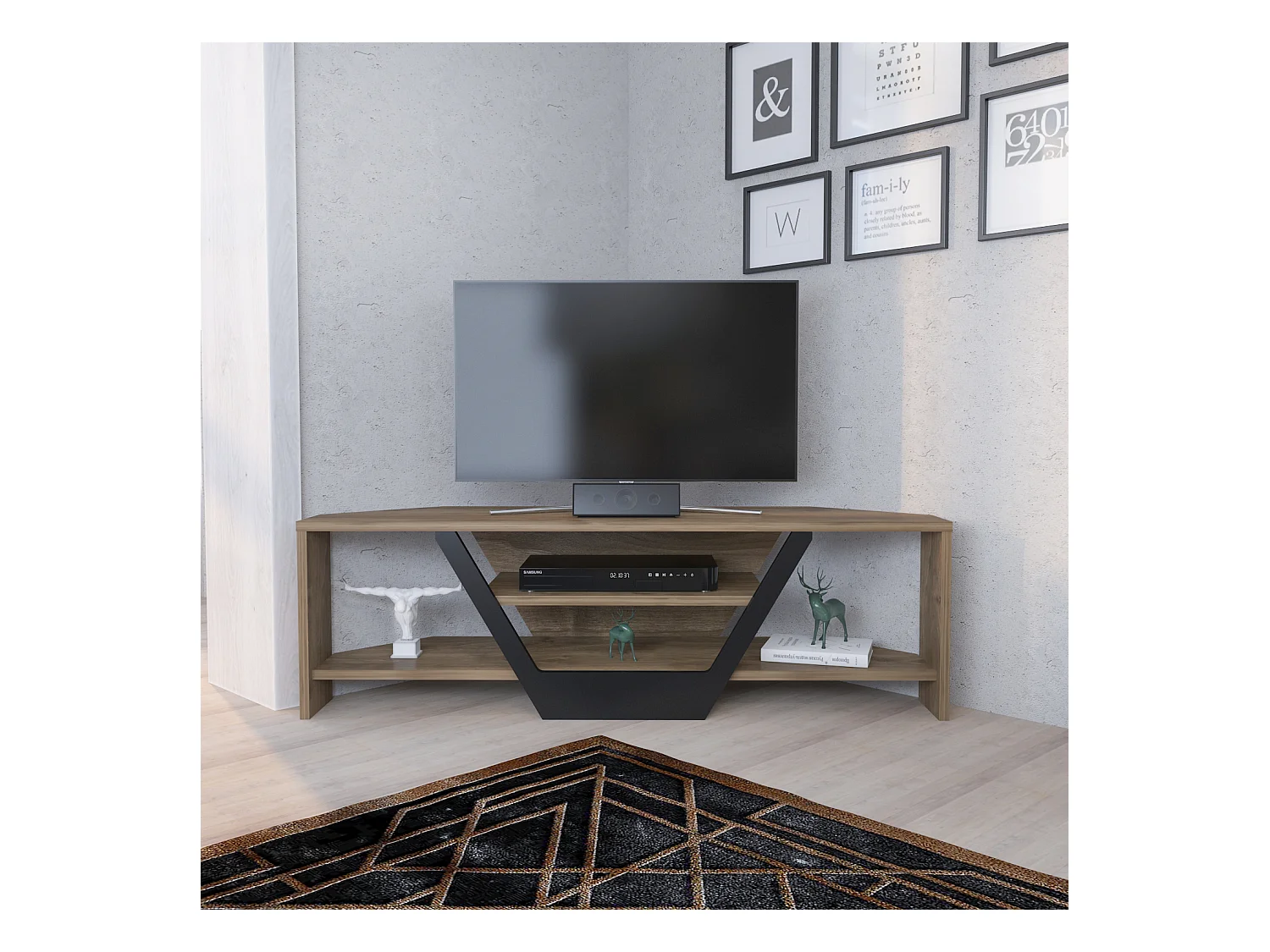 Meuble TV d'angle Sares en forme V - Etagères ouvertes (Noyer et Noir)