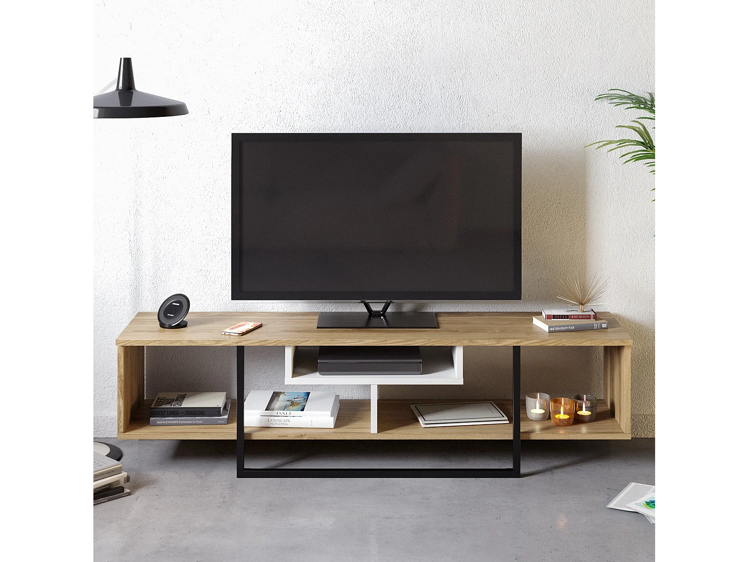 Meuble TV de 150 cm Asal, Cadre en métal, reversible (Oud et noir)