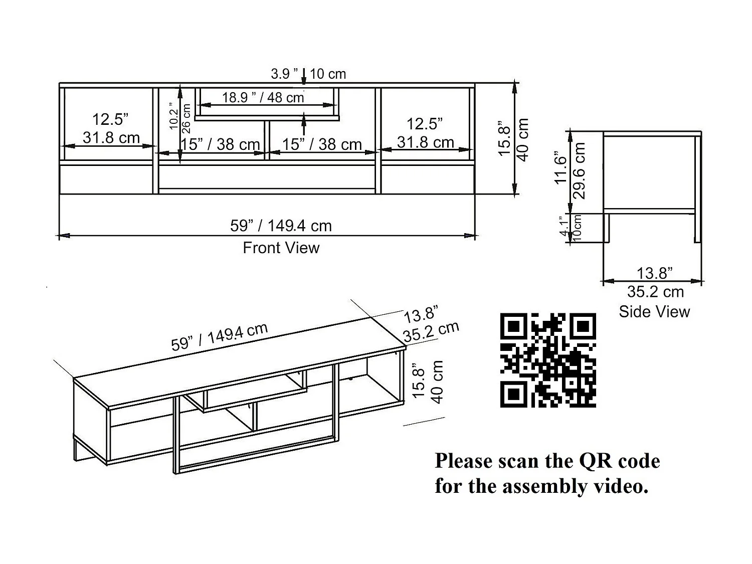 Meuble TV de 150 cm Asal, Cadre en métal, reversible (Oud et noir)