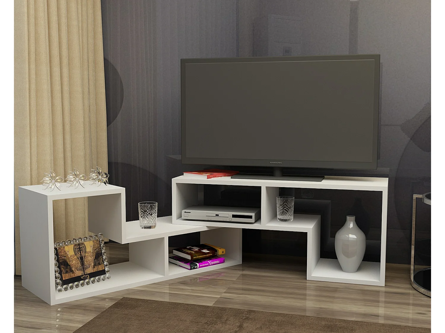 Meuble TV ajustable Cubicco, Design spécial pouvant passer de 120 cm à 180 cm (Blanc)