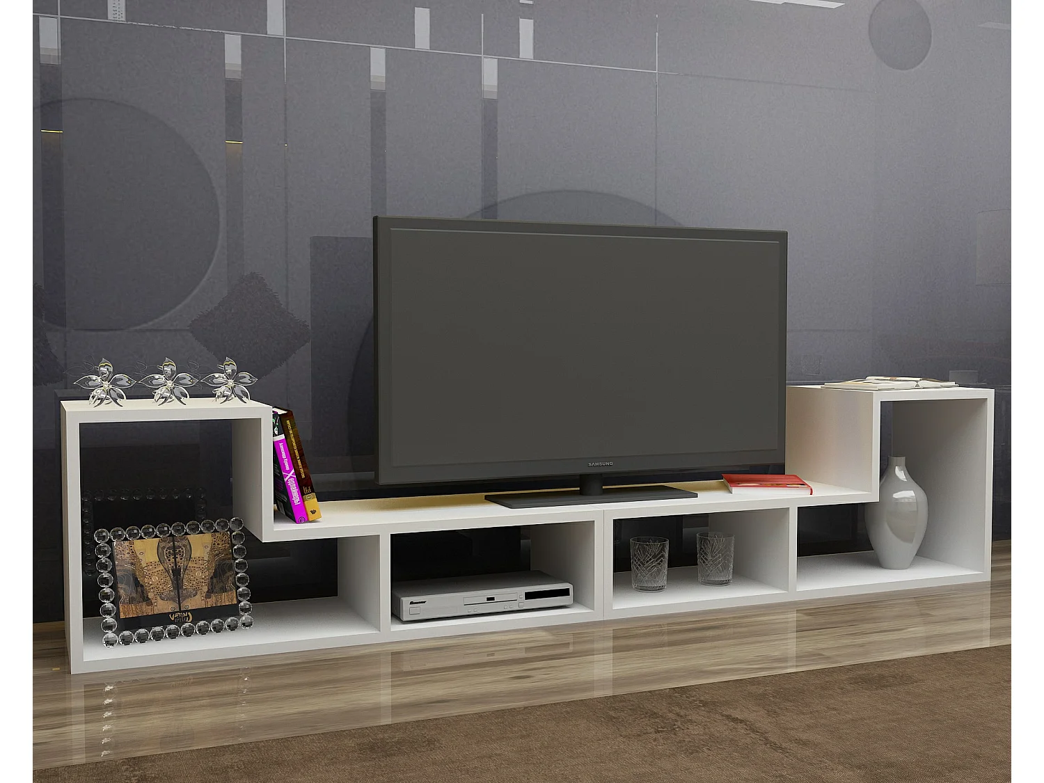 Meuble TV ajustable Cubicco, Design spécial pouvant passer de 120 cm à 180 cm (Blanc)