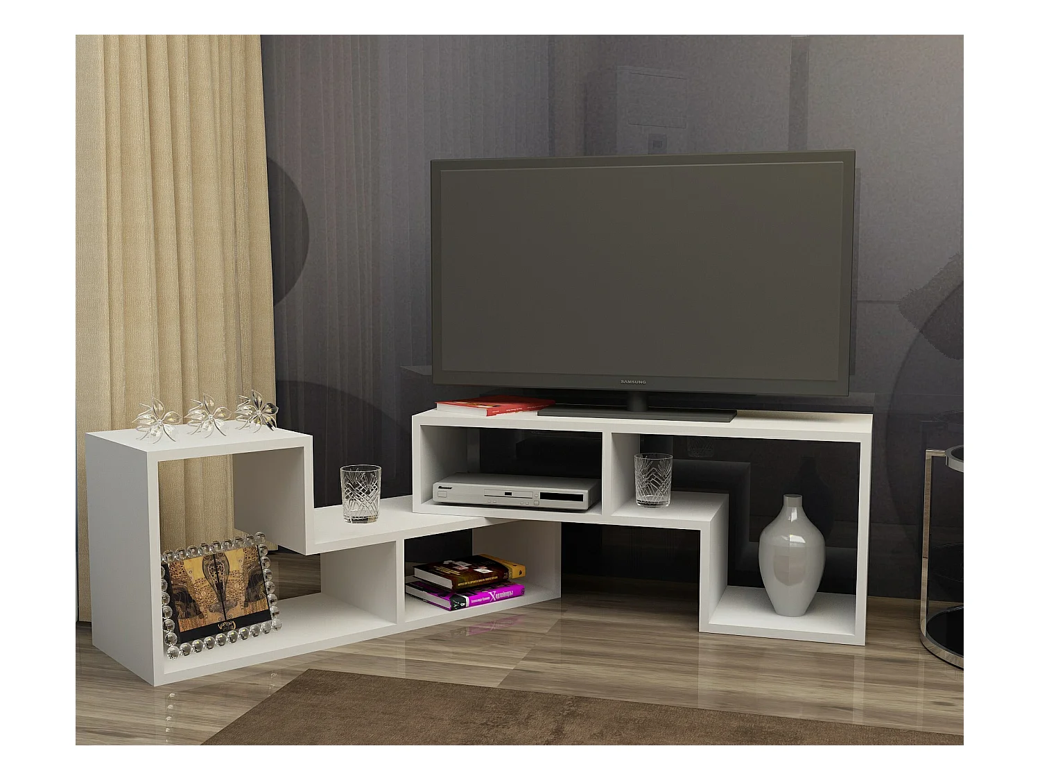Meuble TV ajustable Cubicco, Design spécial pouvant passer de 120 cm à 180 cm (Blanc)
