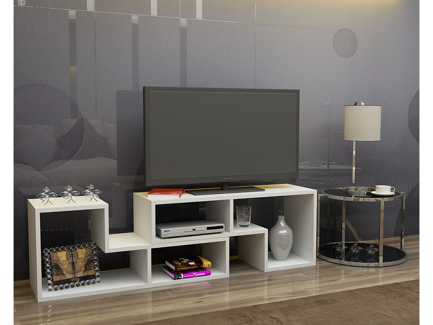 Meuble TV ajustable Cubicco, Design spécial pouvant passer de 120 cm à 180 cm (Blanc)
