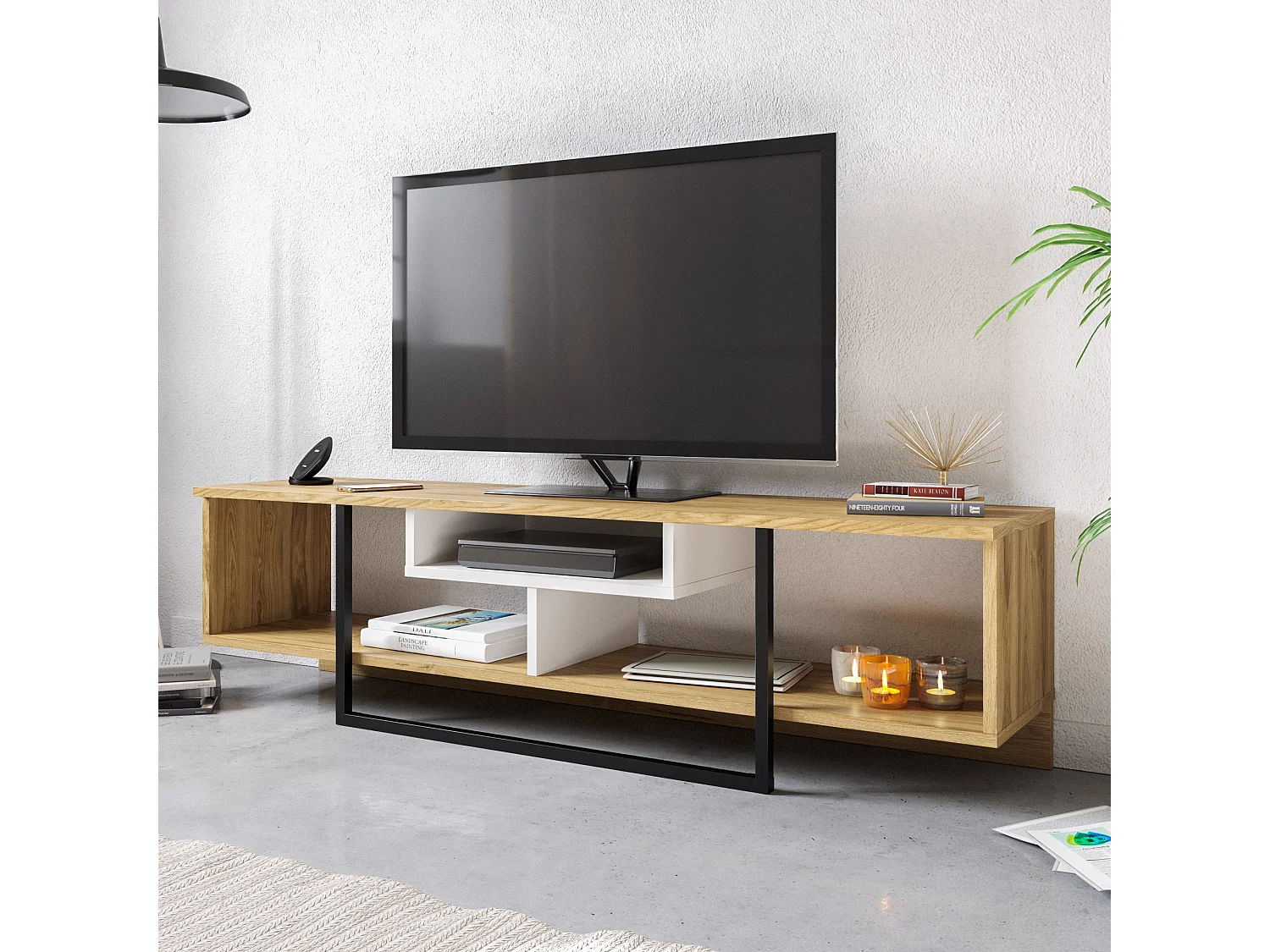 Meuble TV de 150 cm Asal, Cadre en métal, reversible (Noyer et noir)