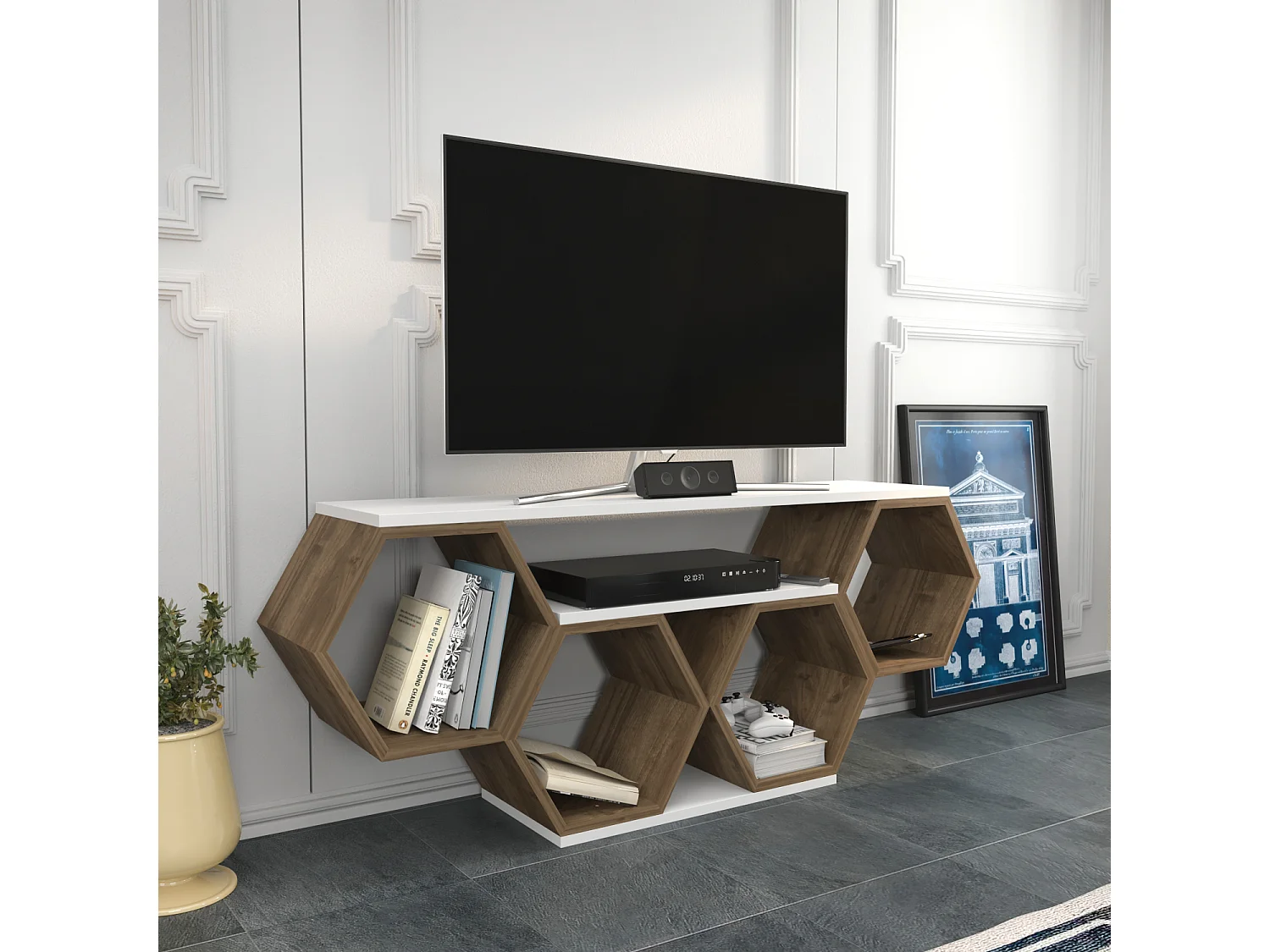 Meuble TV Bal compliments en forme de nid d'abeille, reversible (Blanc et Noyer)