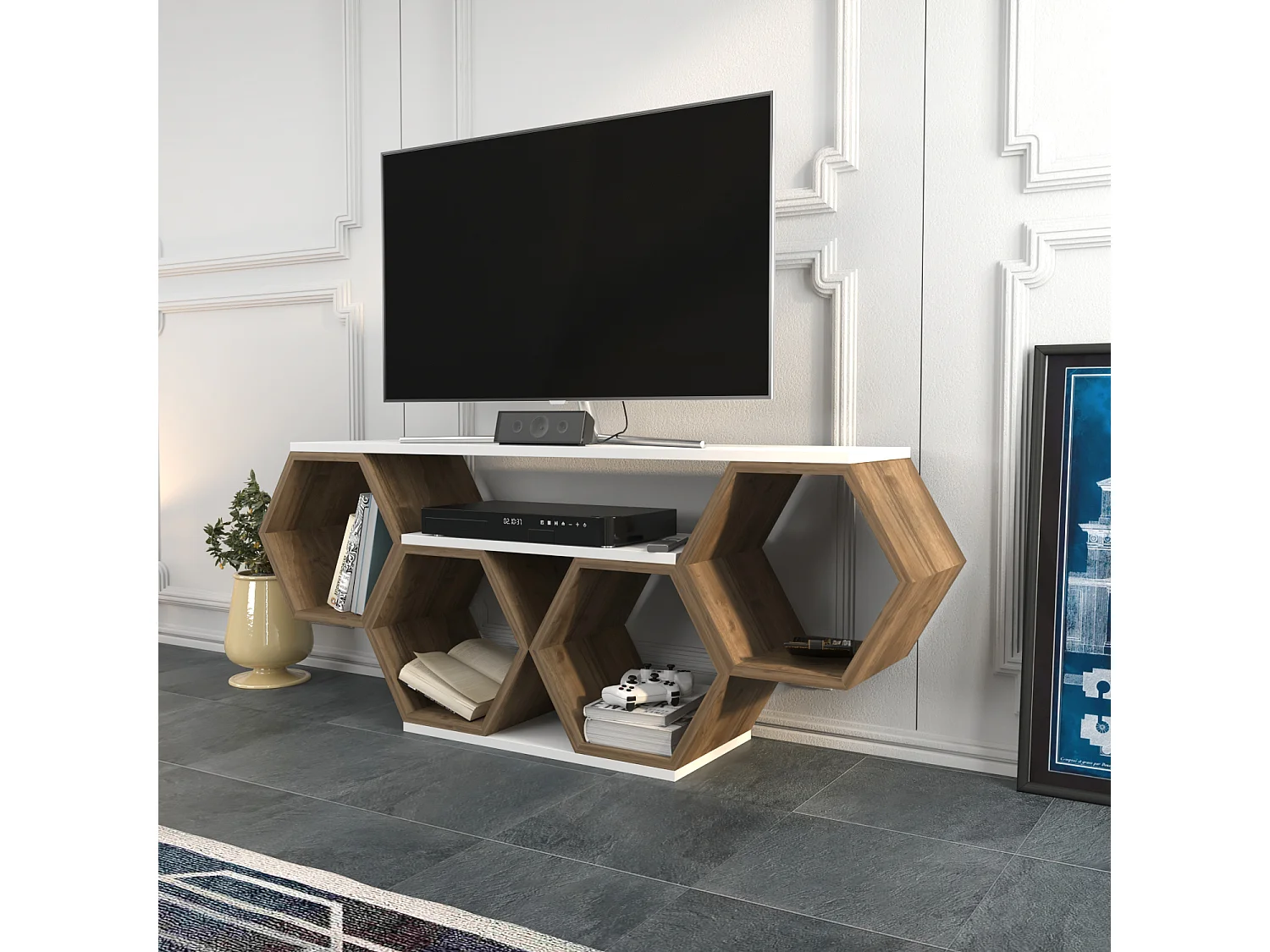 Meuble TV Bal compliments en forme de nid d'abeille, reversible (Blanc et Noyer)