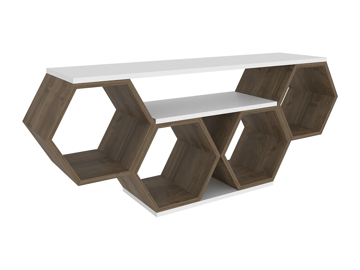 Meuble TV Bal compliments en forme de nid d'abeille, reversible (Blanc et Noyer)