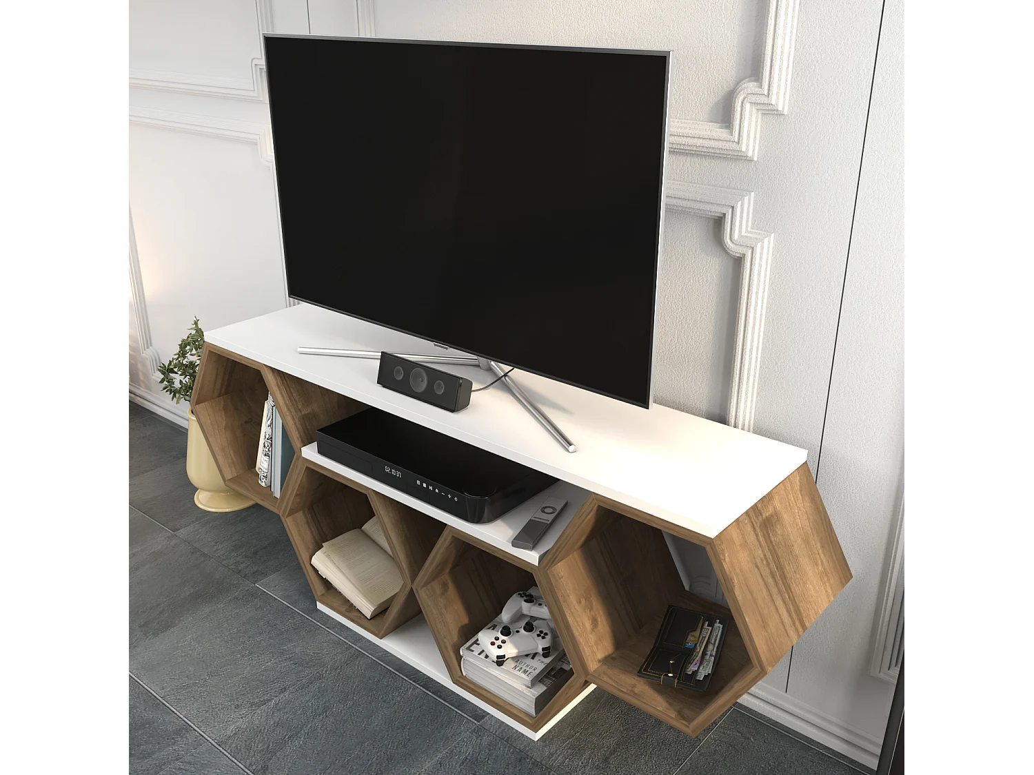 Meuble TV Bal compliments en forme de nid d'abeille, reversible (Blanc et Noyer)