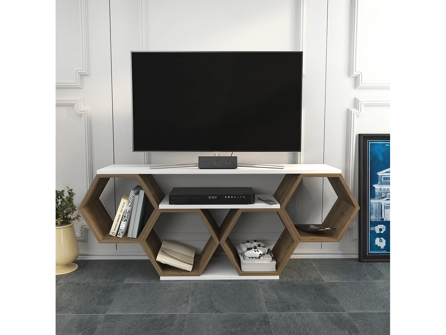 Meuble TV Bal compliments en forme de nid d'abeille, reversible (Blanc et Noyer)