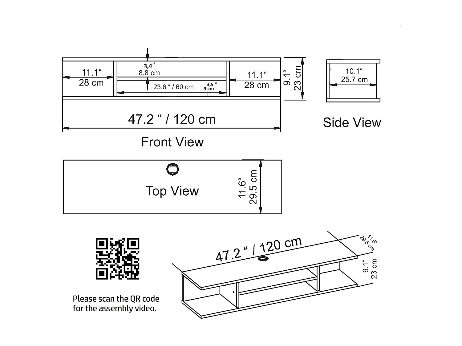 Meuble TV mural de 120 cm Pivot (Noir)