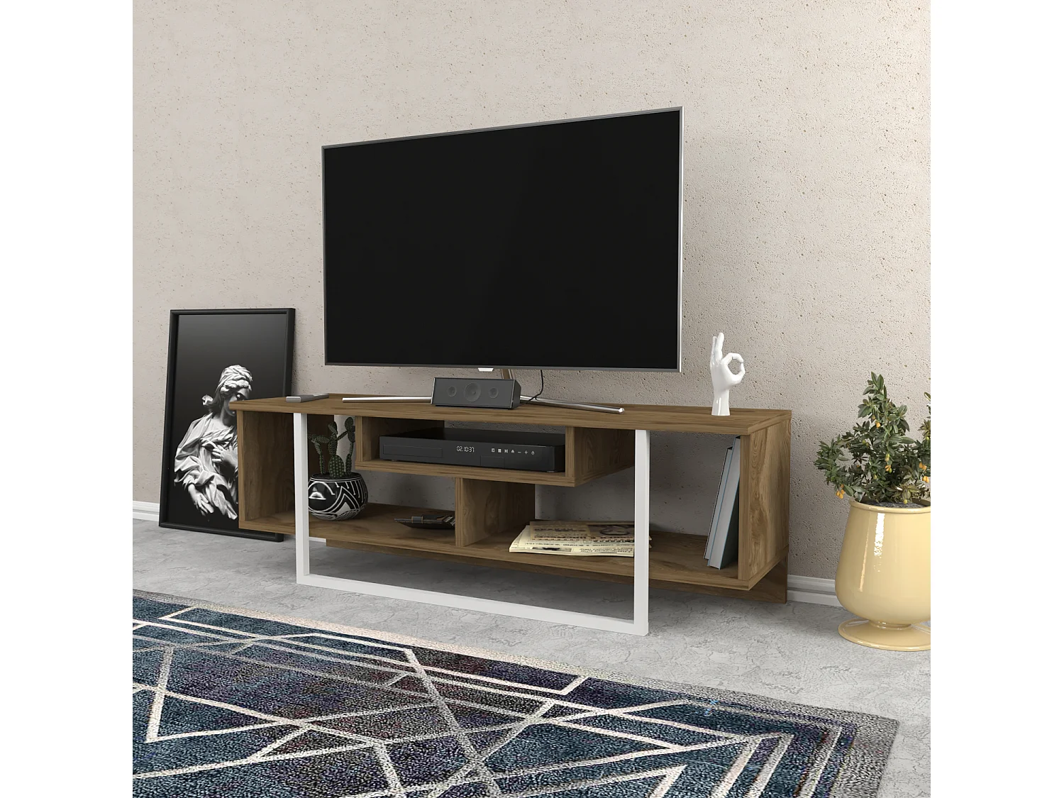Meuble TV Asal de 12 cm avec le cadre en métal (Oud  et blanc)