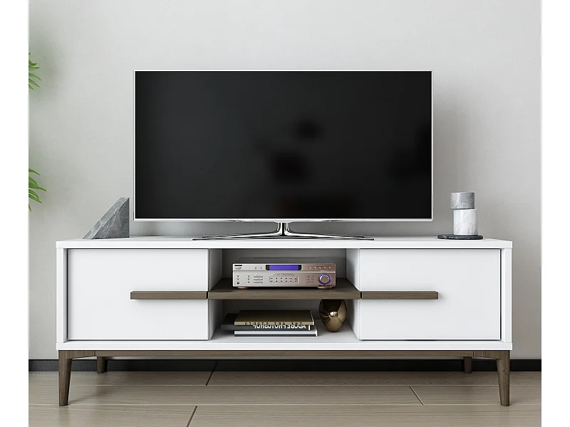 Meuble TV Eslem de 120 cm avec armoires abattant et étagères ouvertes (Blanc et noyer)