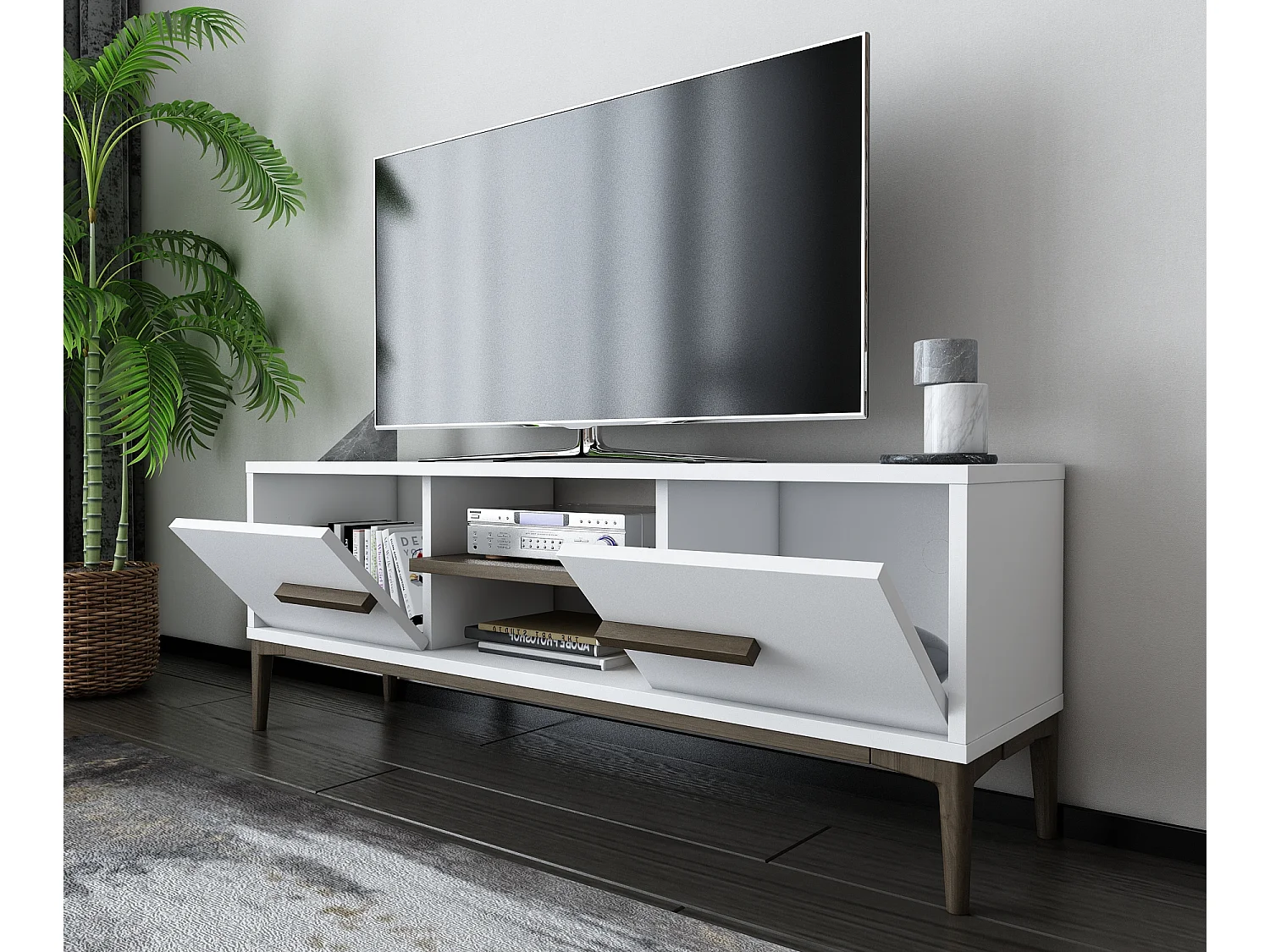 Meuble TV Eslem de 120 cm avec armoires abattant et étagères ouvertes (Blanc et noyer)