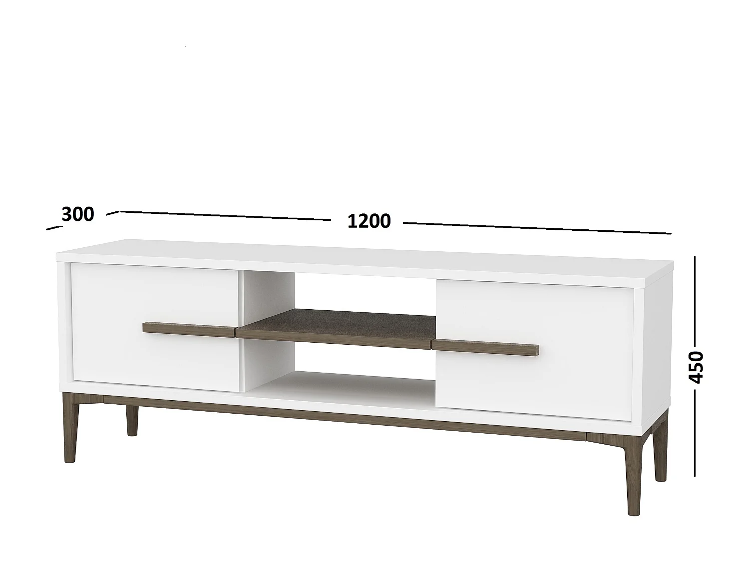 Meuble TV Eslem de 120 cm avec armoires abattant et étagères ouvertes (Blanc et noyer)